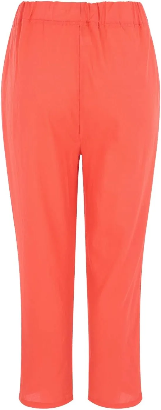 Women's Linen Summer Casual Pant Trousers Elastic Waisted Stretchy Straight Slim Fit Pants Work Business
