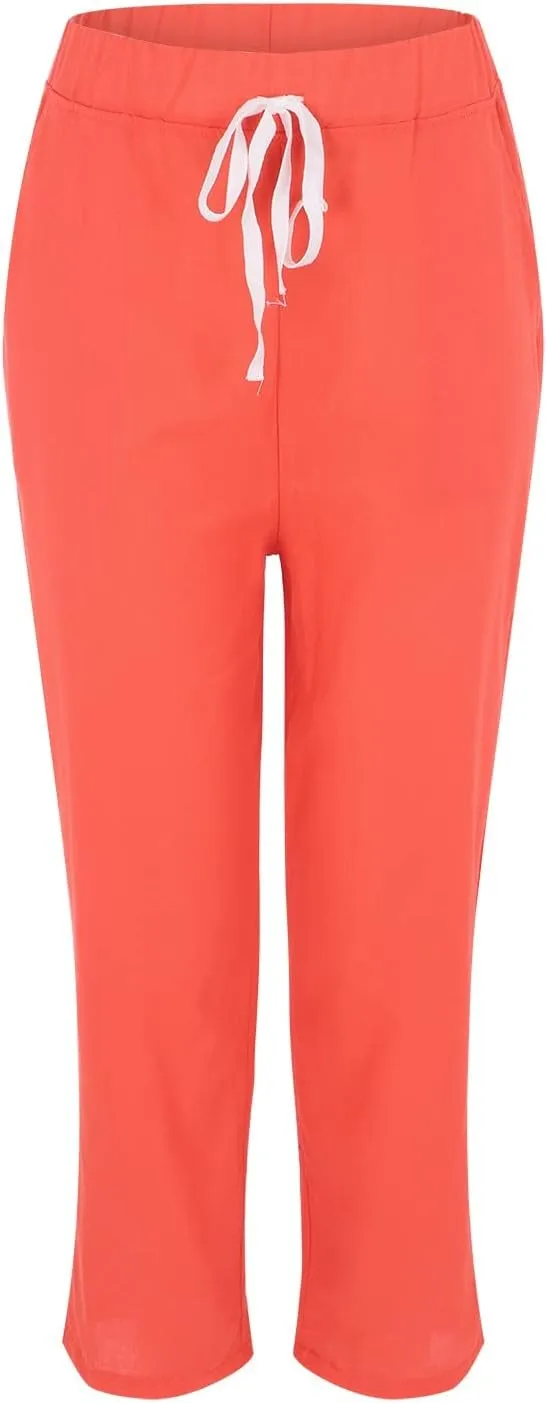 Women's Linen Summer Casual Pant Trousers Elastic Waisted Stretchy Straight Slim Fit Pants Work Business
