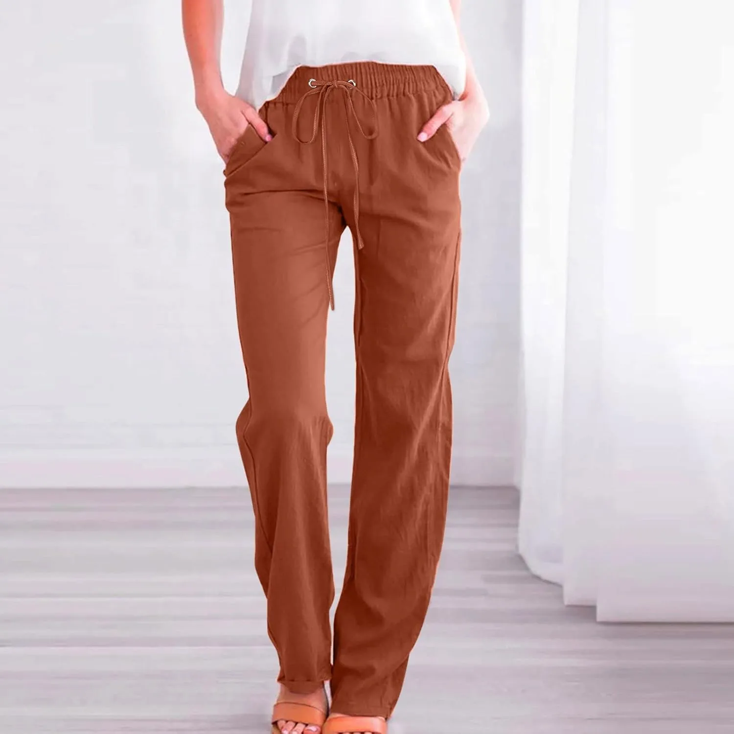 Womens Linen Summer Drawstring Palazzo Pants High Waist Bootcut Loose Fit Pant Trousers Work Business