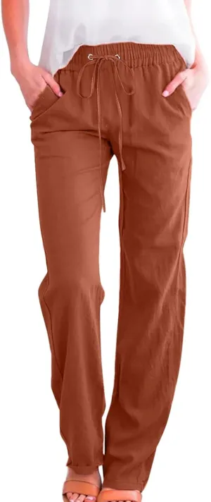 Womens Linen Summer Drawstring Palazzo Pants High Waist Bootcut Loose Fit Pant Trousers Work Business