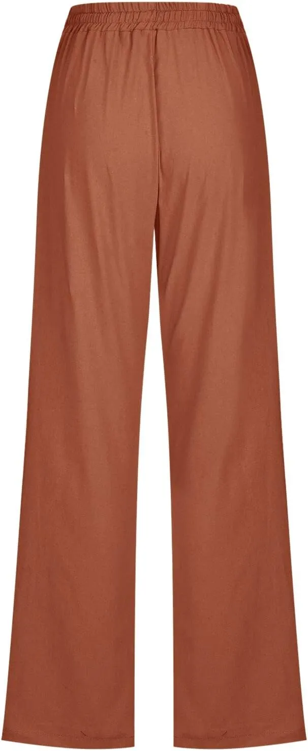 Womens Linen Summer Drawstring Palazzo Pants High Waist Bootcut Loose Fit Pant Trousers Work Business