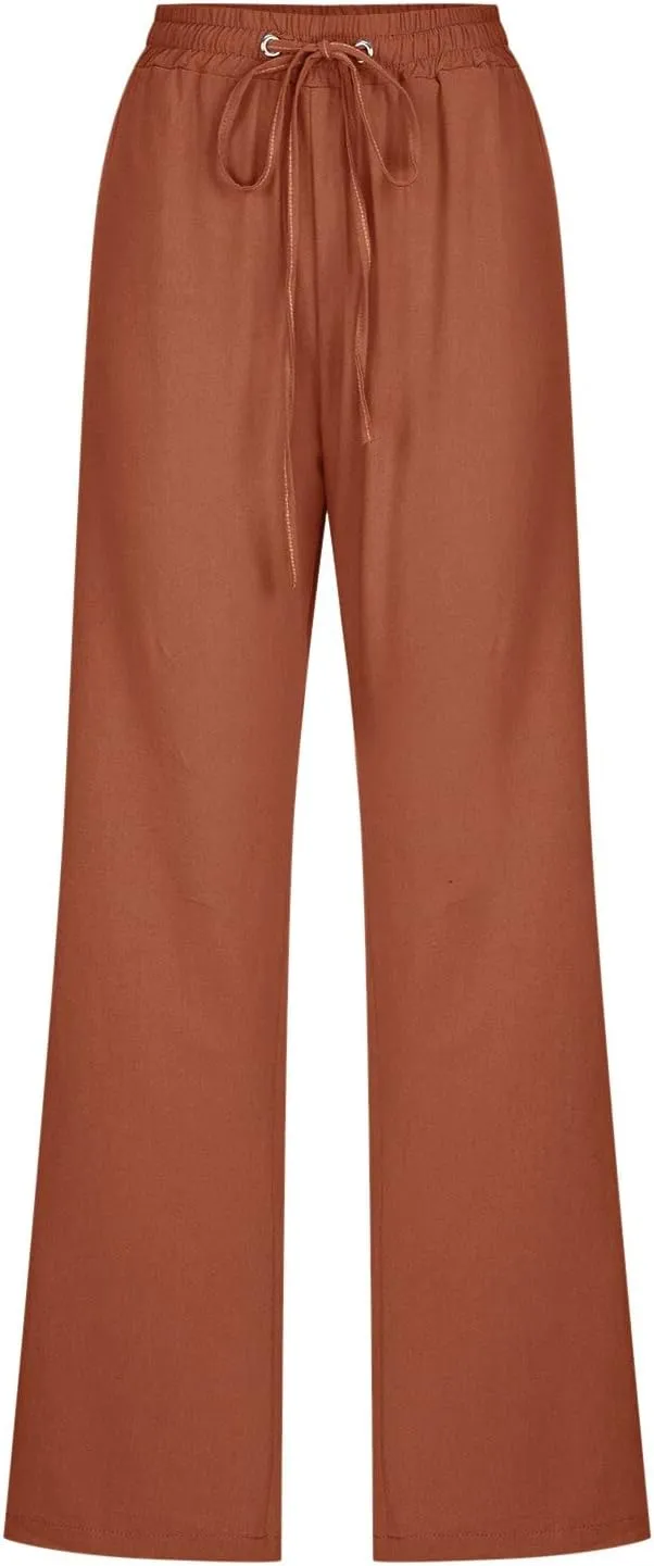 Womens Linen Summer Drawstring Palazzo Pants High Waist Bootcut Loose Fit Pant Trousers Work Business