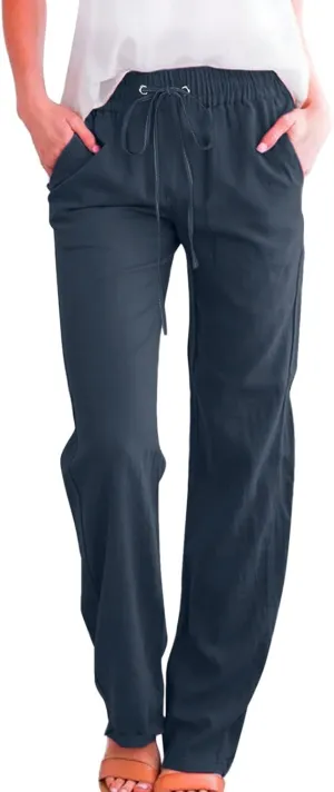 Women's Linen Summer Flowy Palazzo Lounge Pants Elastic Waist Stretchy Straight Loose Fit Palazzo Pants Beach