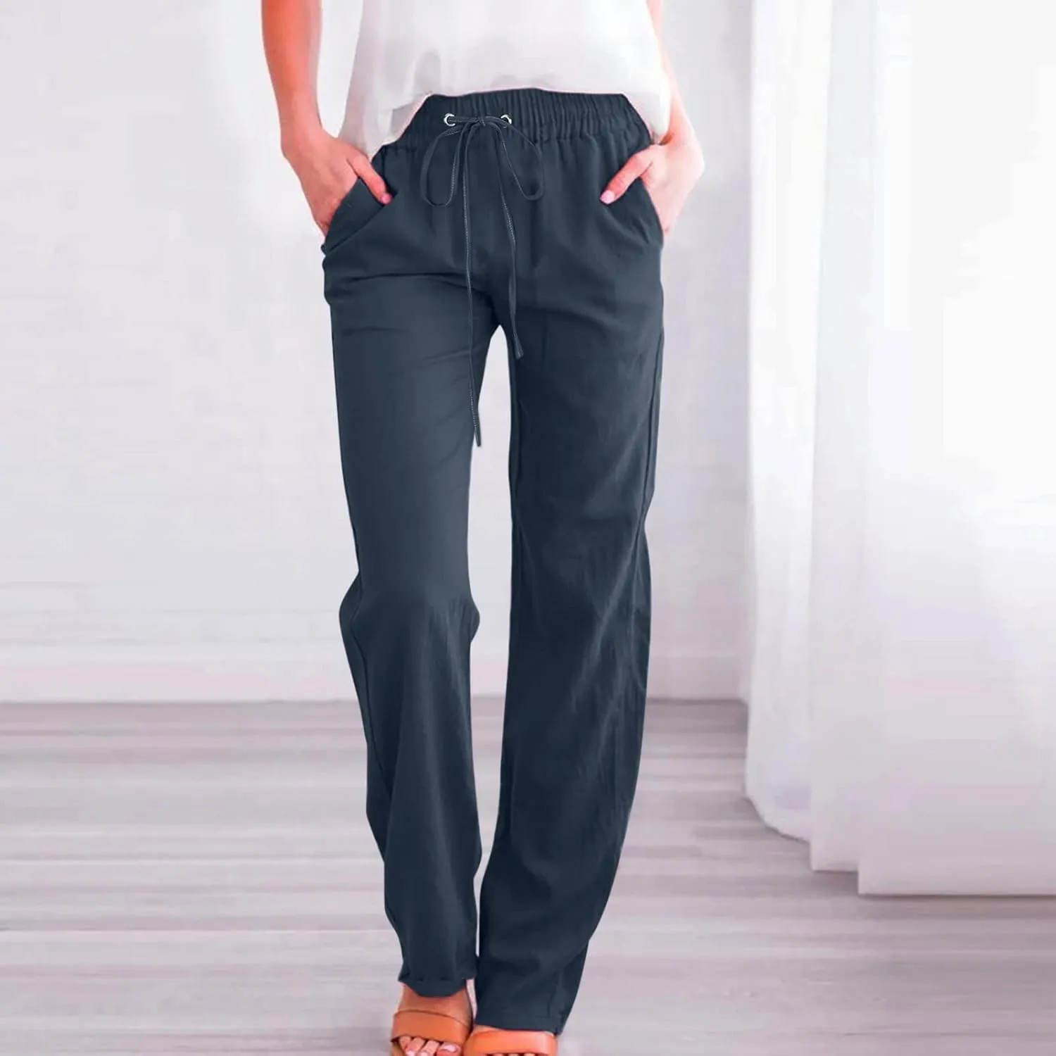 Women's Linen Summer Flowy Palazzo Lounge Pants Elastic Waist Stretchy Straight Loose Fit Palazzo Pants Beach