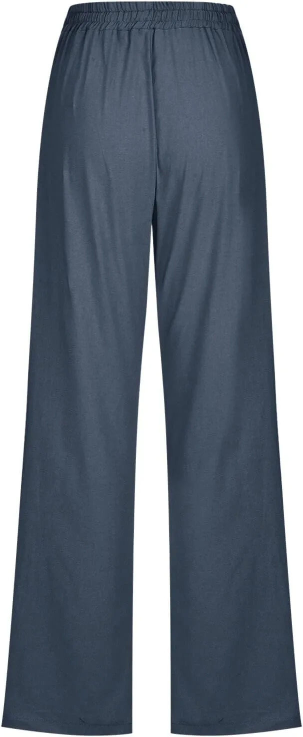 Women's Linen Summer Flowy Palazzo Lounge Pants Elastic Waist Stretchy Straight Loose Fit Palazzo Pants Beach