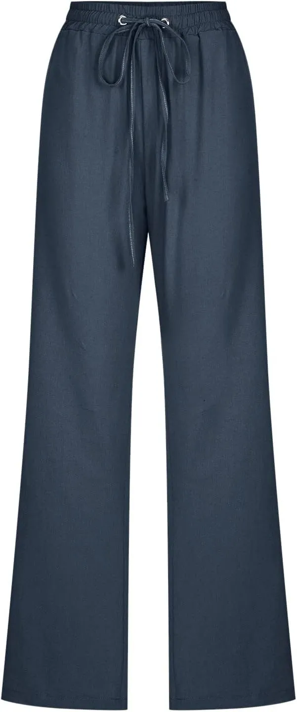Women's Linen Summer Flowy Palazzo Lounge Pants Elastic Waist Stretchy Straight Loose Fit Palazzo Pants Beach