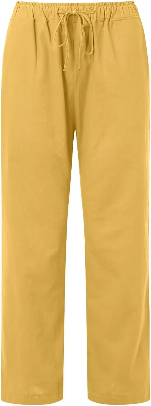 Womens Linen Summer Solid Palazzo Lounge Pants Low Waist Stretchy Loose Fit Trousers Work Business