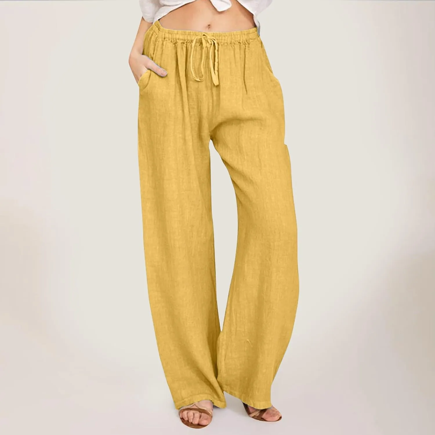 Womens Linen Summer Solid Palazzo Lounge Pants Low Waist Stretchy Loose Fit Trousers Work Business