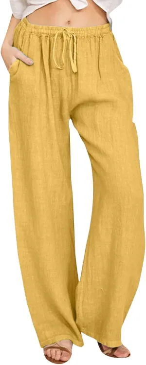 Womens Linen Summer Solid Palazzo Lounge Pants Low Waist Stretchy Loose Fit Trousers Work Business
