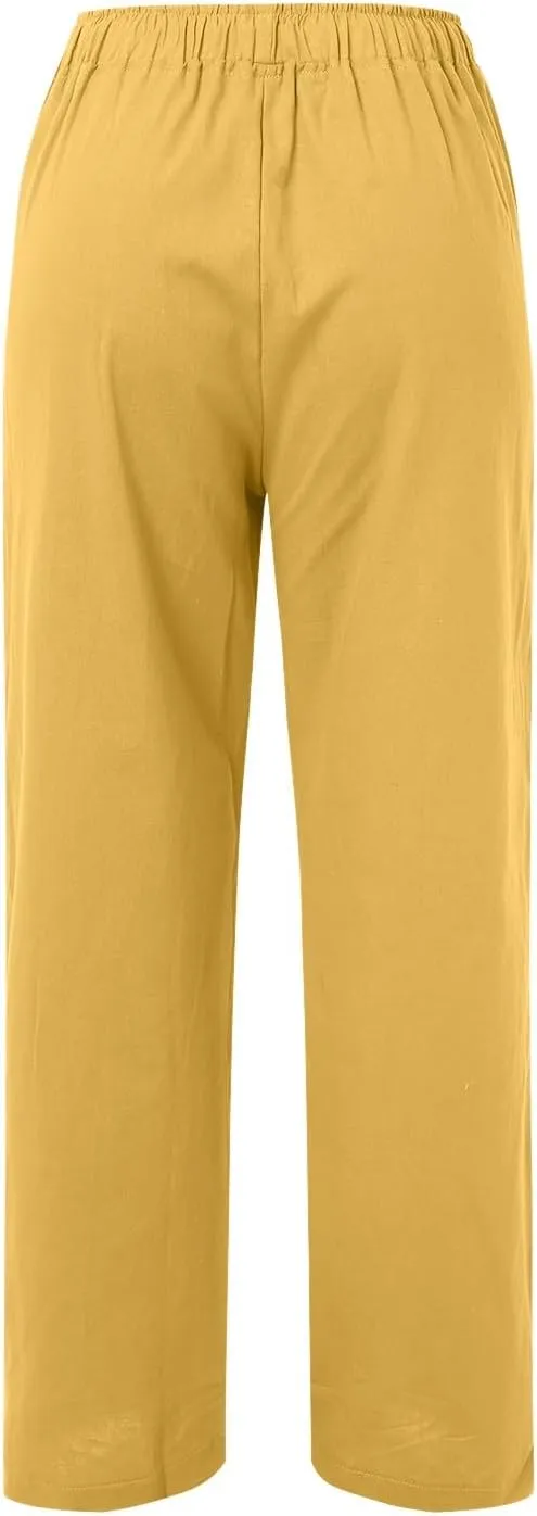Womens Linen Summer Solid Palazzo Lounge Pants Low Waist Stretchy Loose Fit Trousers Work Business