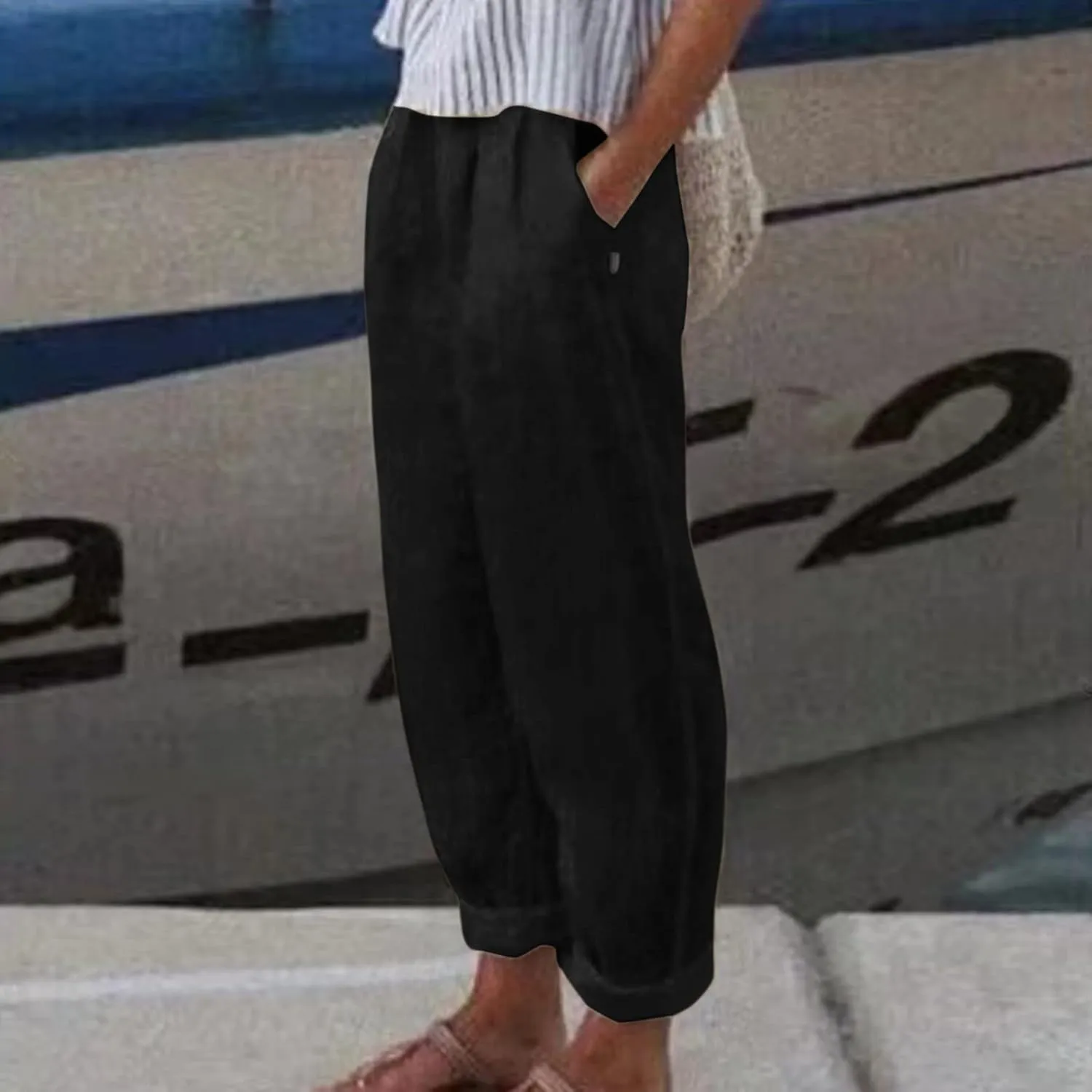 Womens Linen Summer Solid Pant Trousers High Waist Bootcut Loose Fit Pants Business Work