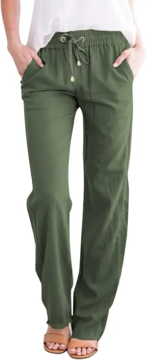 Womens Linen Summer Trendy Palazzo Lounge Pants Low Waist Bootcut Loose Fit Trousers Work Business