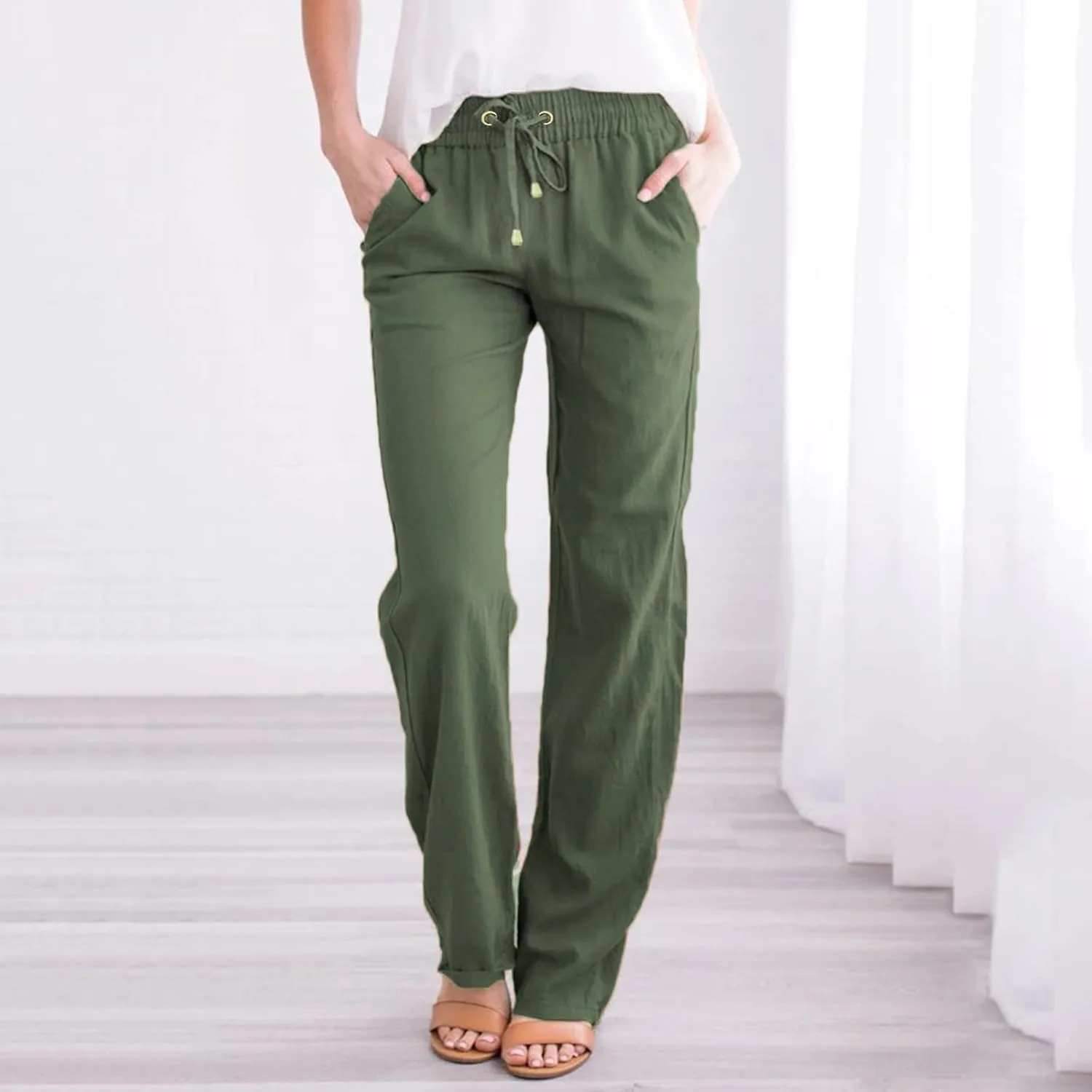 Womens Linen Summer Trendy Palazzo Lounge Pants Low Waist Bootcut Loose Fit Trousers Work Business