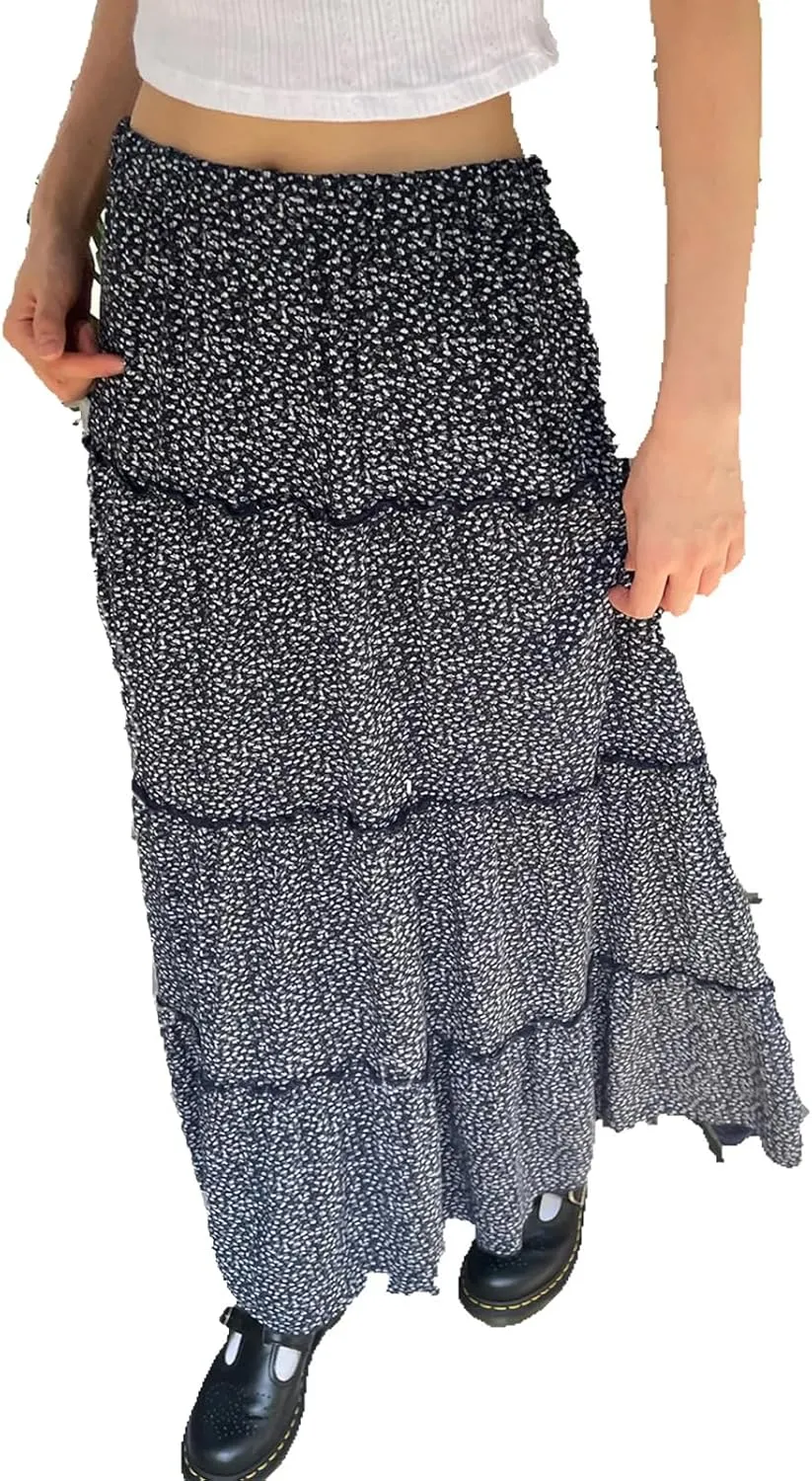 Women's Long Maxi Skirts Elastic High Waist Tiered Flowy Long Skirt Pleated Swing A-Line Maxi Summer Beach Skirt