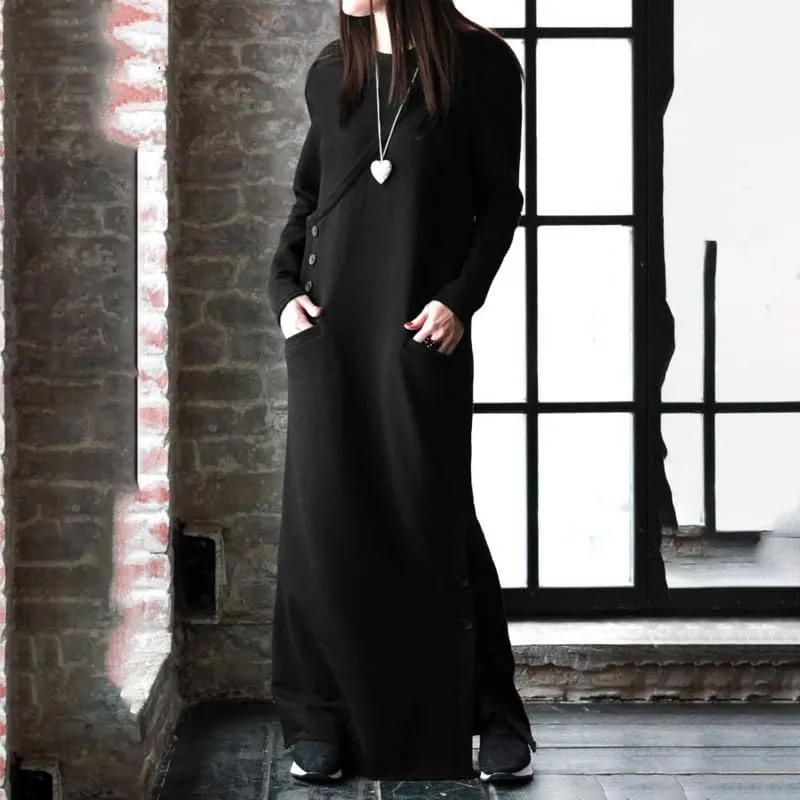 Womens Long Sleeve Hooded Maxi Pullover Hoodie Dress Split Side Loose Sweatshirt Dresses for Women