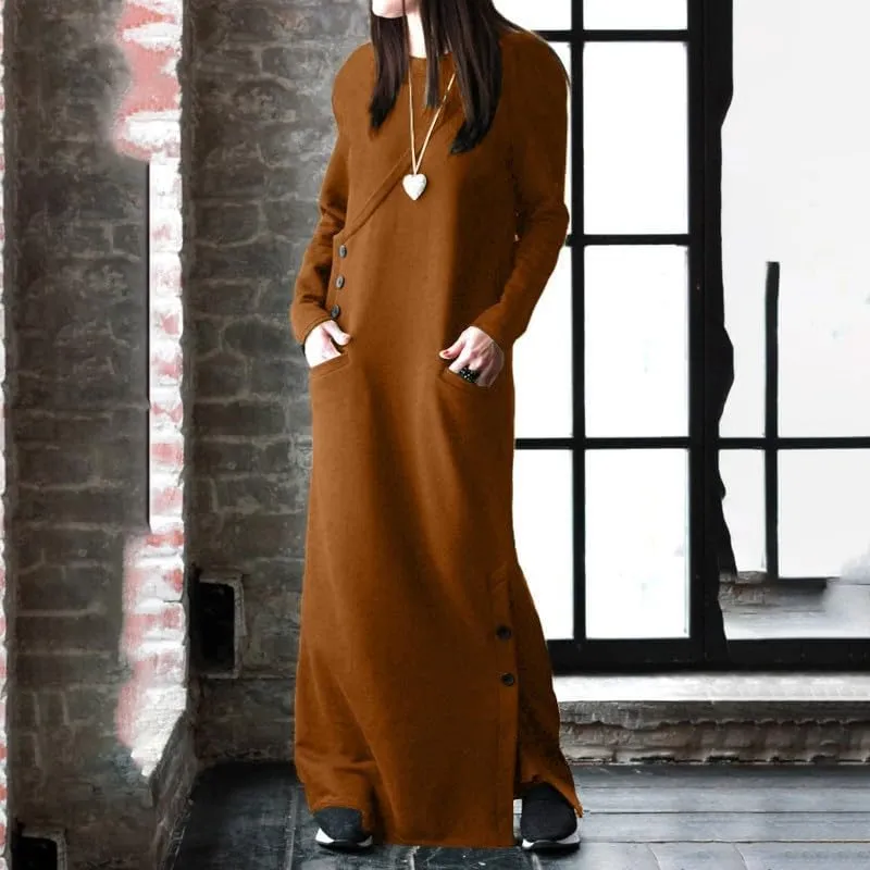 Womens Long Sleeve Hooded Maxi Pullover Hoodie Dress Split Side Loose Sweatshirt Dresses for Women