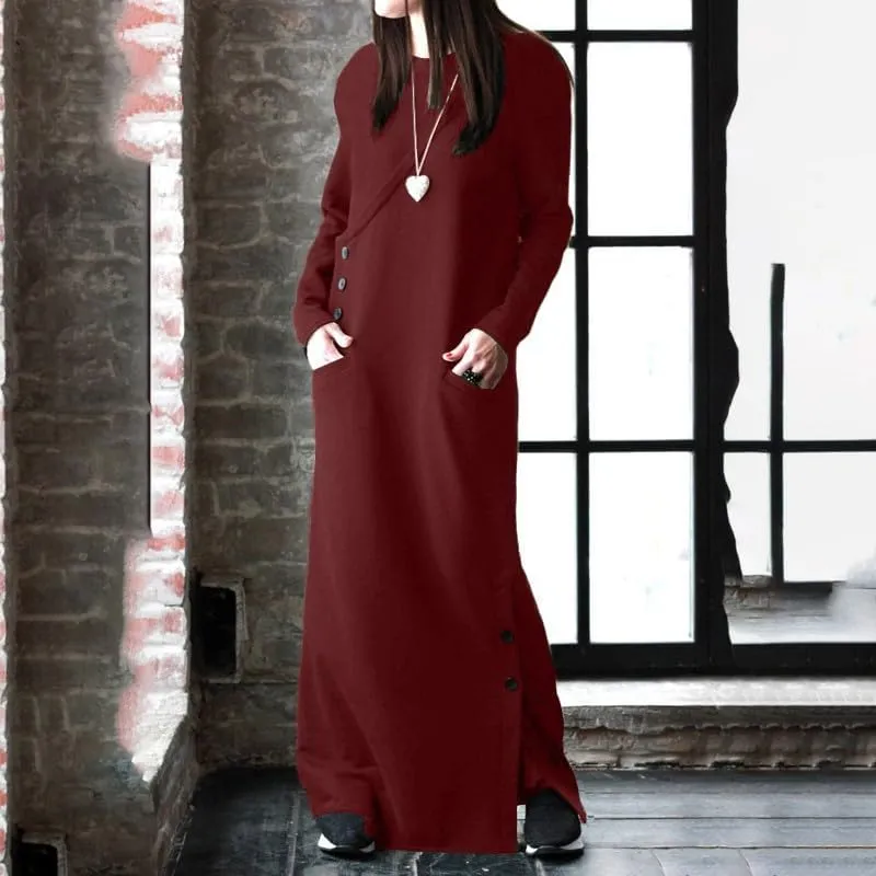 Womens Long Sleeve Hooded Maxi Pullover Hoodie Dress Split Side Loose Sweatshirt Dresses for Women