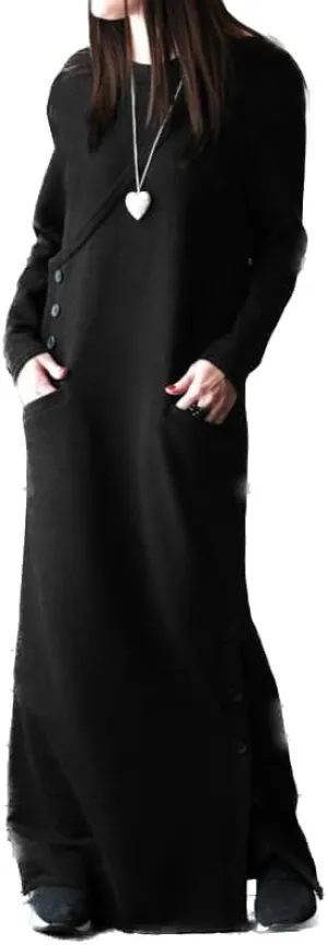 Womens Long Sleeve Hooded Maxi Pullover Hoodie Dress Split Side Loose Sweatshirt Dresses for Women
