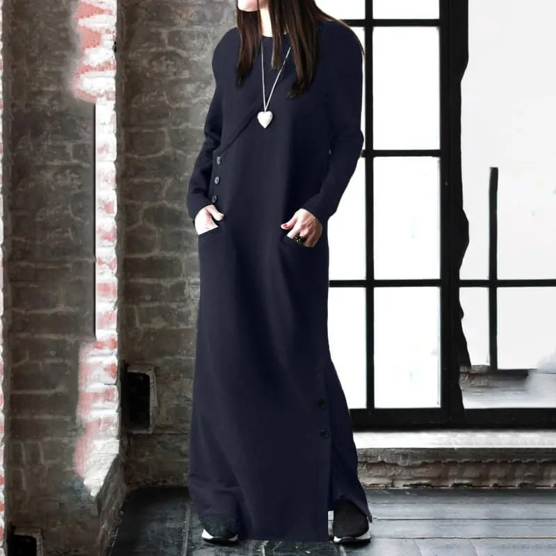 Womens Long Sleeve Hooded Maxi Pullover Hoodie Dress Split Side Loose Sweatshirt Dresses for Women