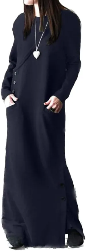 Womens Long Sleeve Hooded Maxi Pullover Hoodie Dress Split Side Loose Sweatshirt Dresses for Women