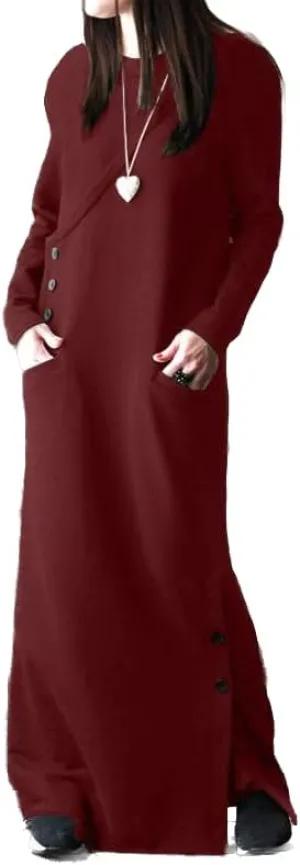 Womens Long Sleeve Hooded Maxi Pullover Hoodie Dress Split Side Loose Sweatshirt Dresses for Women
