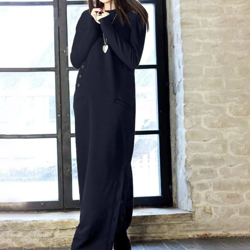 Womens Long Sleeve Hooded Maxi Pullover Hoodie Dress Split Side Loose Sweatshirt Dresses for Women