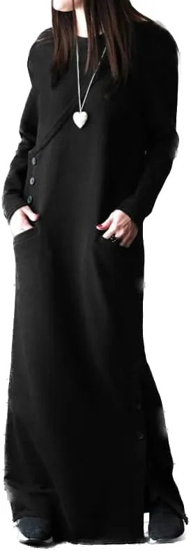 Womens Long Sleeve Hooded Maxi Pullover Hoodie Dress Split Side Loose Sweatshirt Dresses for Women