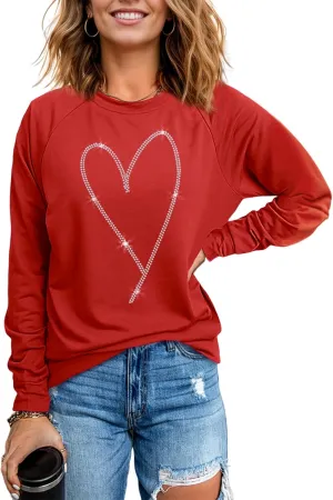 Womens Long Sleeve Tops Holiday T Shirt Round Neck Graphic hoodie Rhinestone Heart Shaped Sweatshirt 2025 Clothes