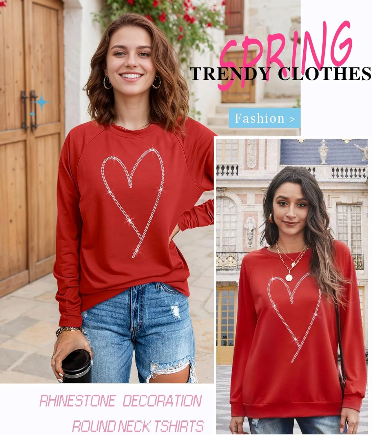 Womens Long Sleeve Tops Holiday T Shirt Round Neck Graphic hoodie Rhinestone Heart Shaped Sweatshirt 2025 Clothes