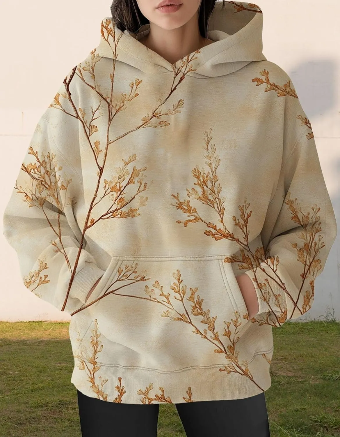 Womens Oversized Hoodies Maple Leaf Printed Long Sleeve Hooded Sweatshirt Pullover Tops Fall Outfits with Pocket