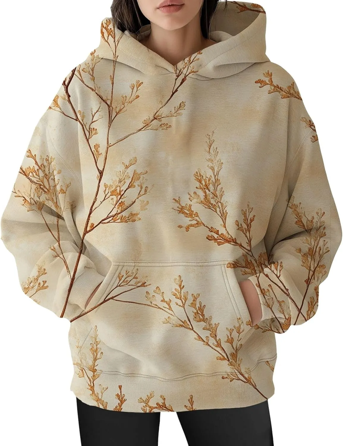 Womens Oversized Hoodies Maple Leaf Printed Long Sleeve Hooded Sweatshirt Pullover Tops Fall Outfits with Pocket