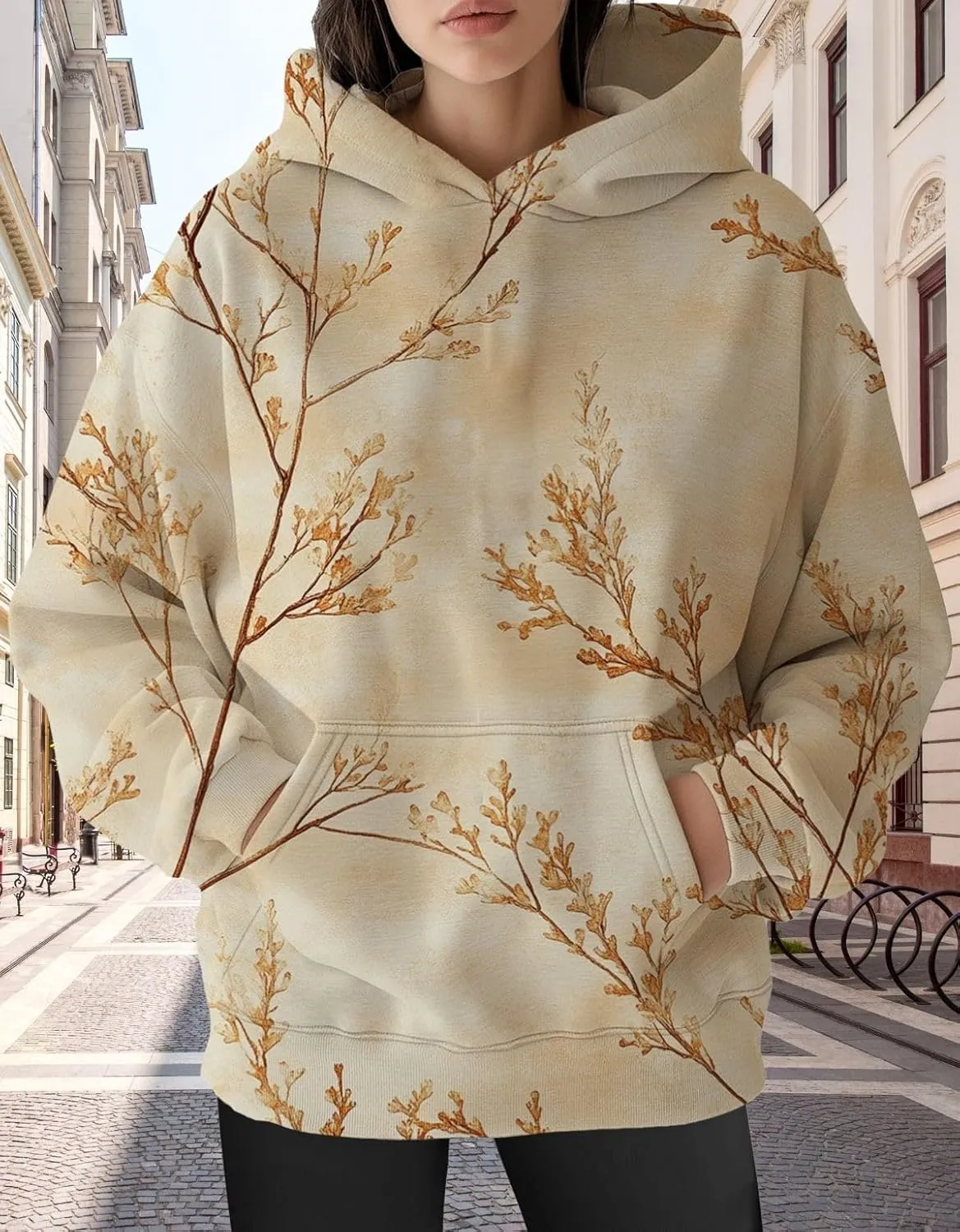 Womens Oversized Hoodies Maple Leaf Printed Long Sleeve Hooded Sweatshirt Pullover Tops Fall Outfits with Pocket