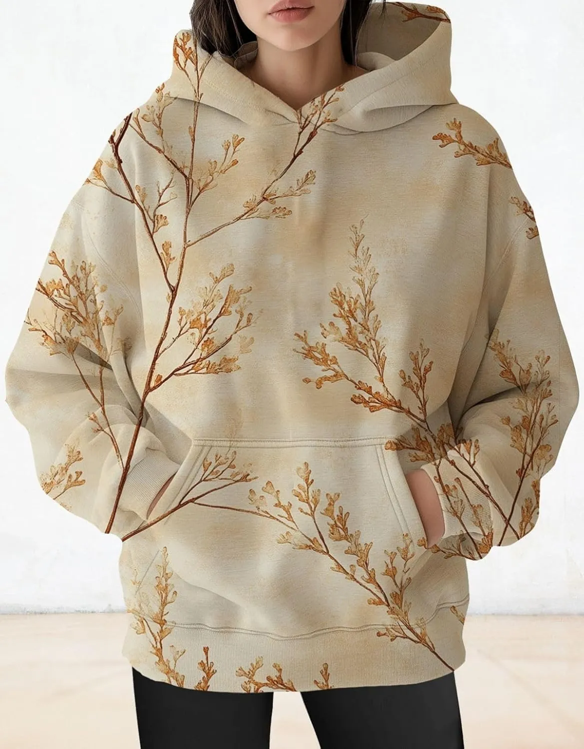 Womens Oversized Hoodies Maple Leaf Printed Long Sleeve Hooded Sweatshirt Pullover Tops Fall Outfits with Pocket