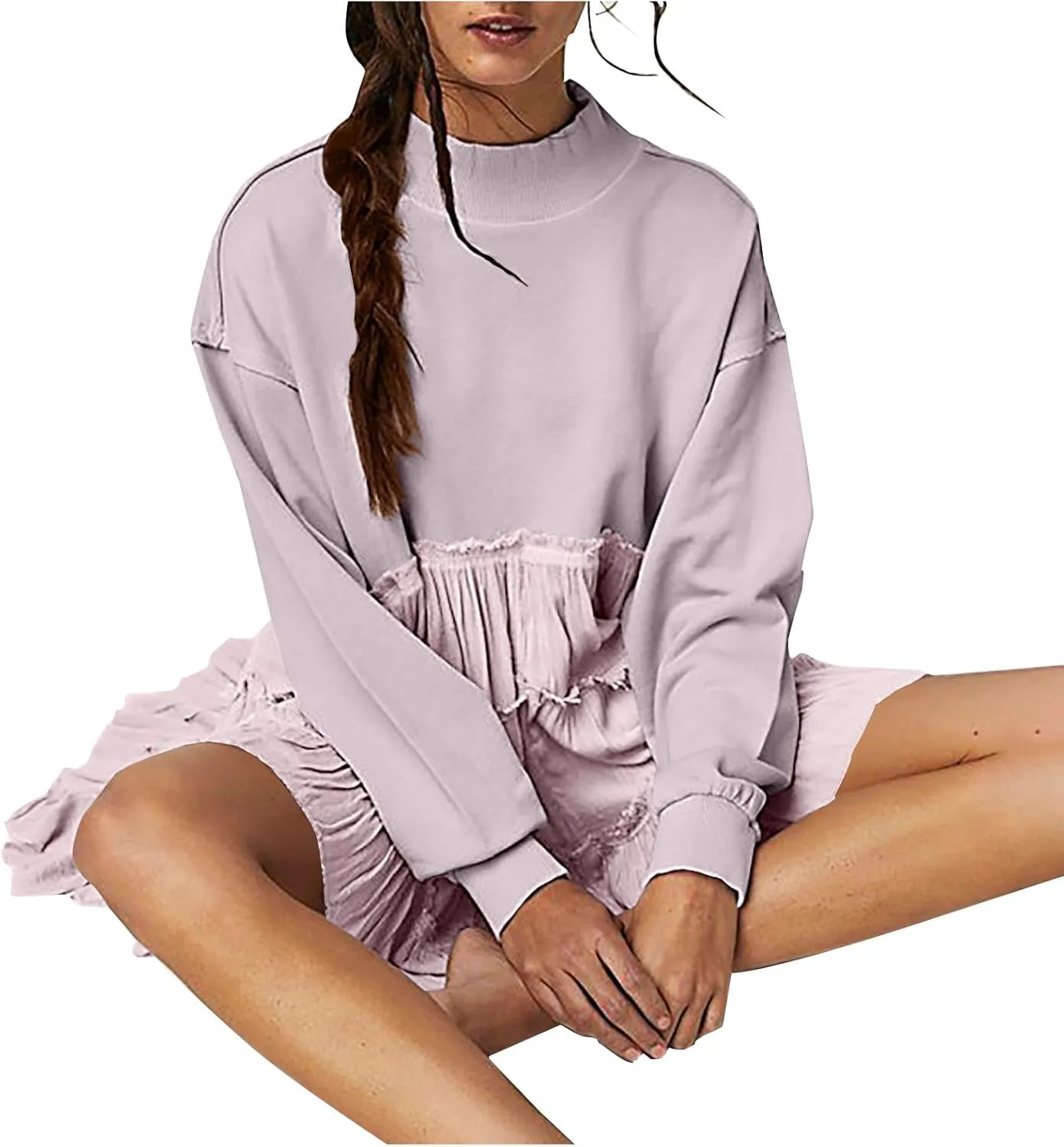 Women's Oversized Sweatshirt Mini Dress Long Sleeve Ruffle Hem Patchwork Pullover Tops Flowy Pleated Shirt Dresses