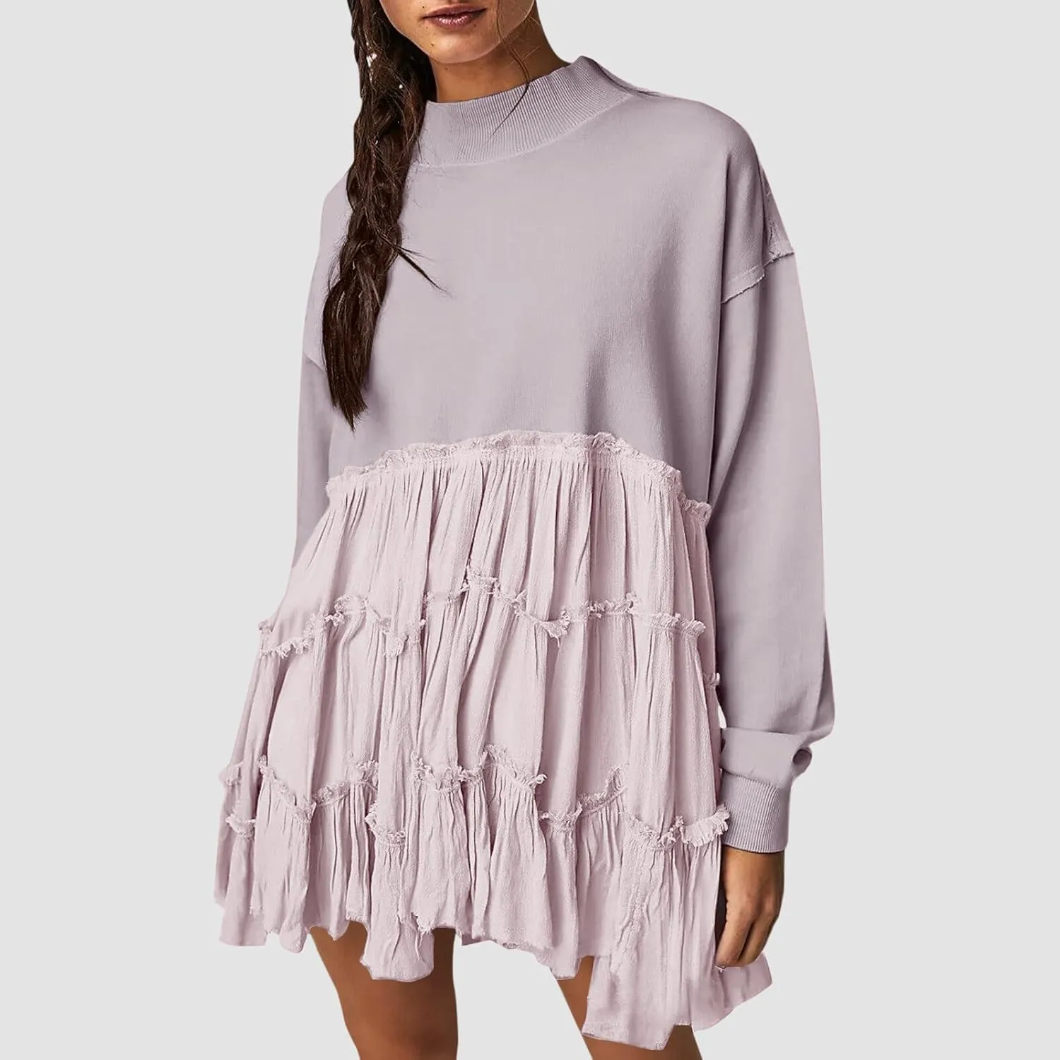 Women's Oversized Sweatshirt Mini Dress Long Sleeve Ruffle Hem Patchwork Pullover Tops Flowy Pleated Shirt Dresses
