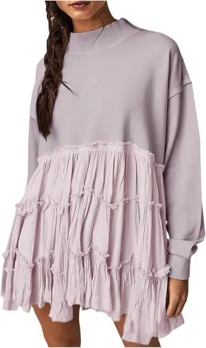 Women's Oversized Sweatshirt Mini Dress Long Sleeve Ruffle Hem Patchwork Pullover Tops Flowy Pleated Shirt Dresses