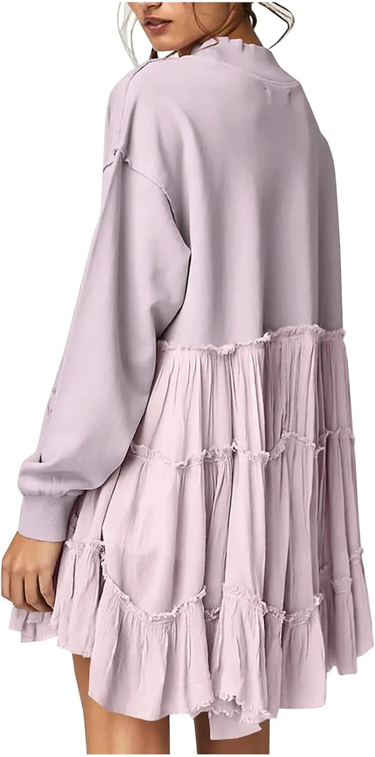 Women's Oversized Sweatshirt Mini Dress Long Sleeve Ruffle Hem Patchwork Pullover Tops Flowy Pleated Shirt Dresses