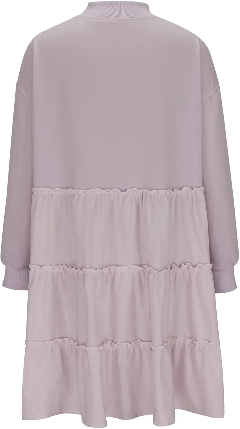 Women's Oversized Sweatshirt Mini Dress Long Sleeve Ruffle Hem Patchwork Pullover Tops Flowy Pleated Shirt Dresses