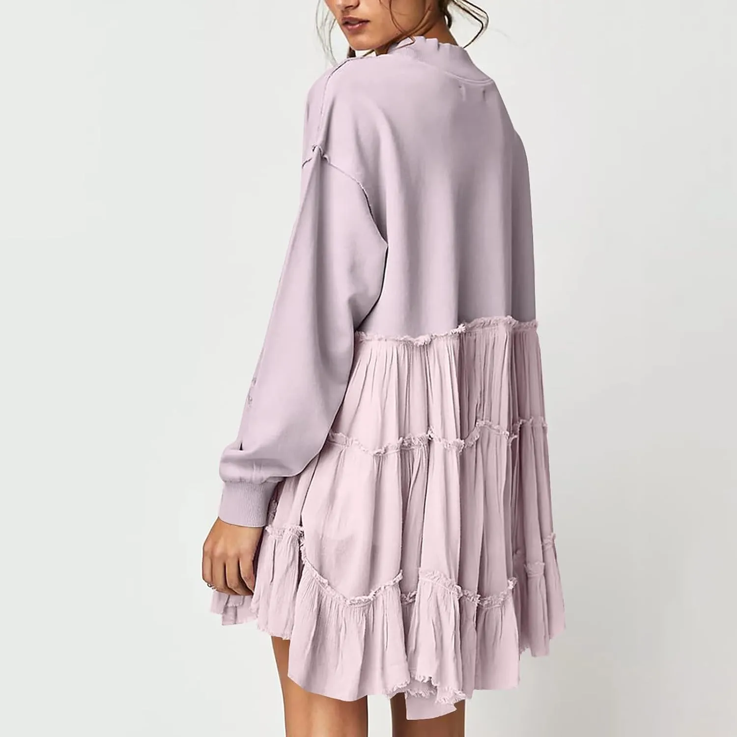 Women's Oversized Sweatshirt Mini Dress Long Sleeve Ruffle Hem Patchwork Pullover Tops Flowy Pleated Shirt Dresses