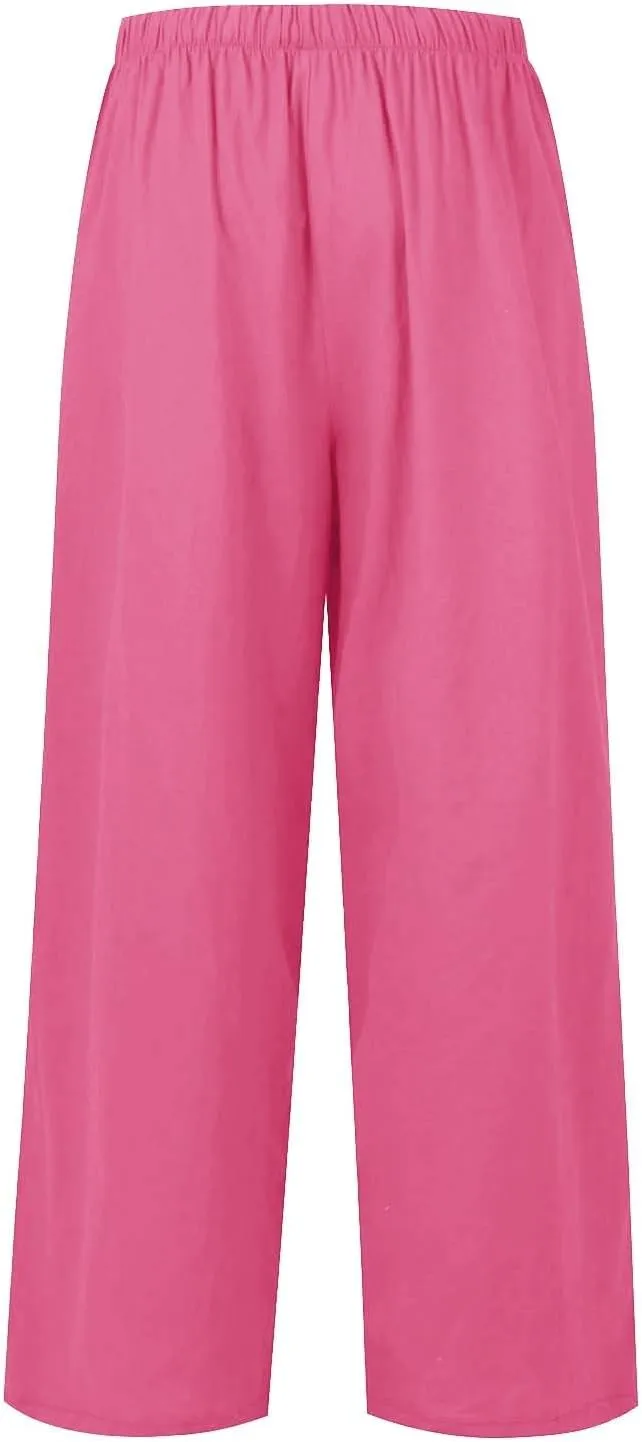Women's Palazzo Linen Pants Summer Flowy Beach Pants Drawstring High Waisted Wide Leg Lounge Trousers with Pockets