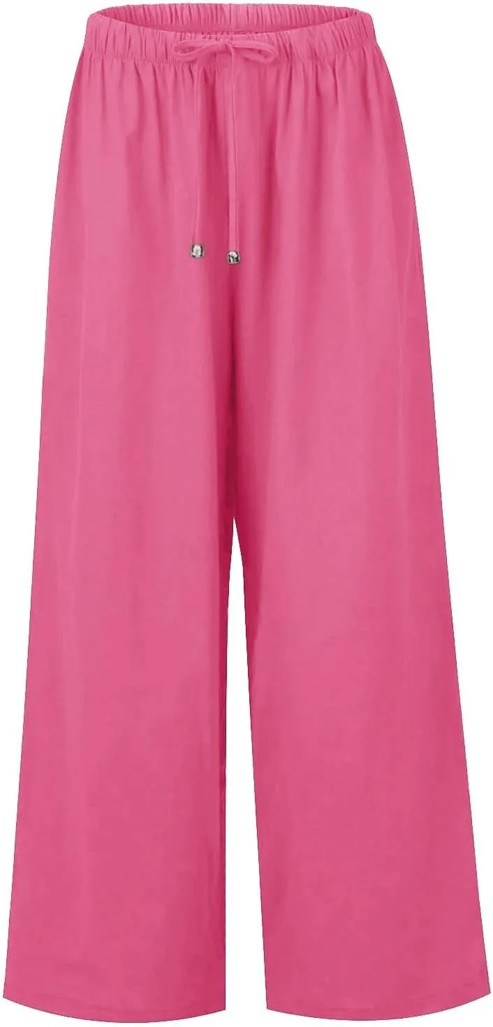 Women's Palazzo Linen Pants Summer Flowy Beach Pants Drawstring High Waisted Wide Leg Lounge Trousers with Pockets