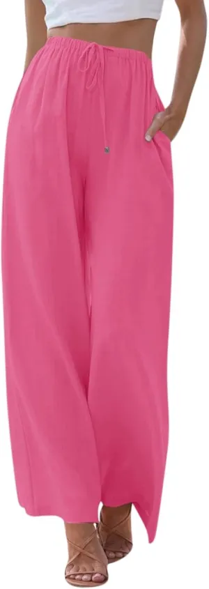 Women's Palazzo Linen Pants Summer Flowy Beach Pants Drawstring High Waisted Wide Leg Lounge Trousers with Pockets