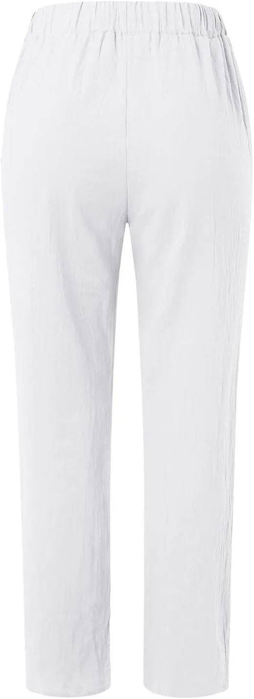 Womens Pants, Linen Print Straight Leg Peasant Pants Casual Cotton High Waist
