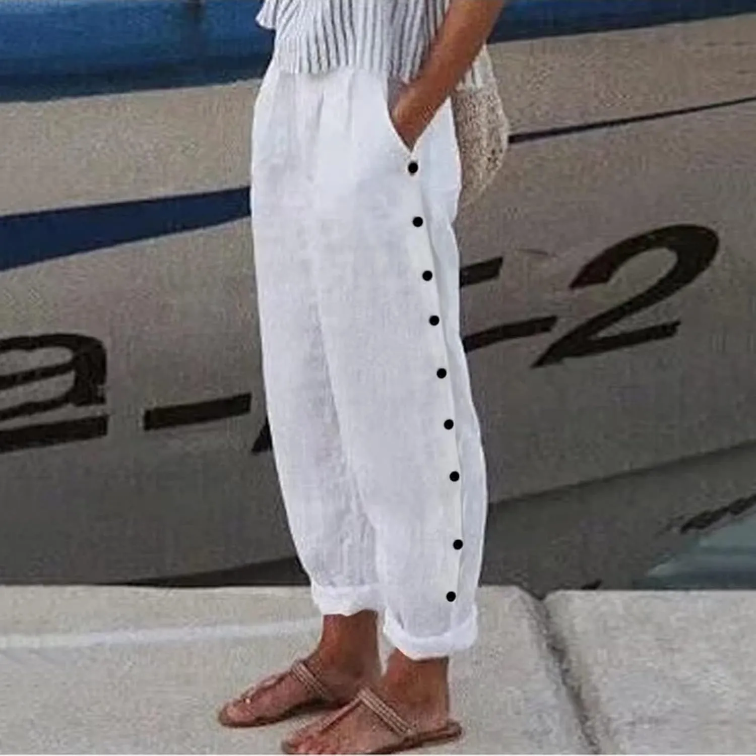 Womens Pants, Linen Print Straight Leg Peasant Pants Casual Cotton High Waist