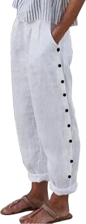 Womens Pants, Linen Print Straight Leg Peasant Pants Casual Cotton High Waist