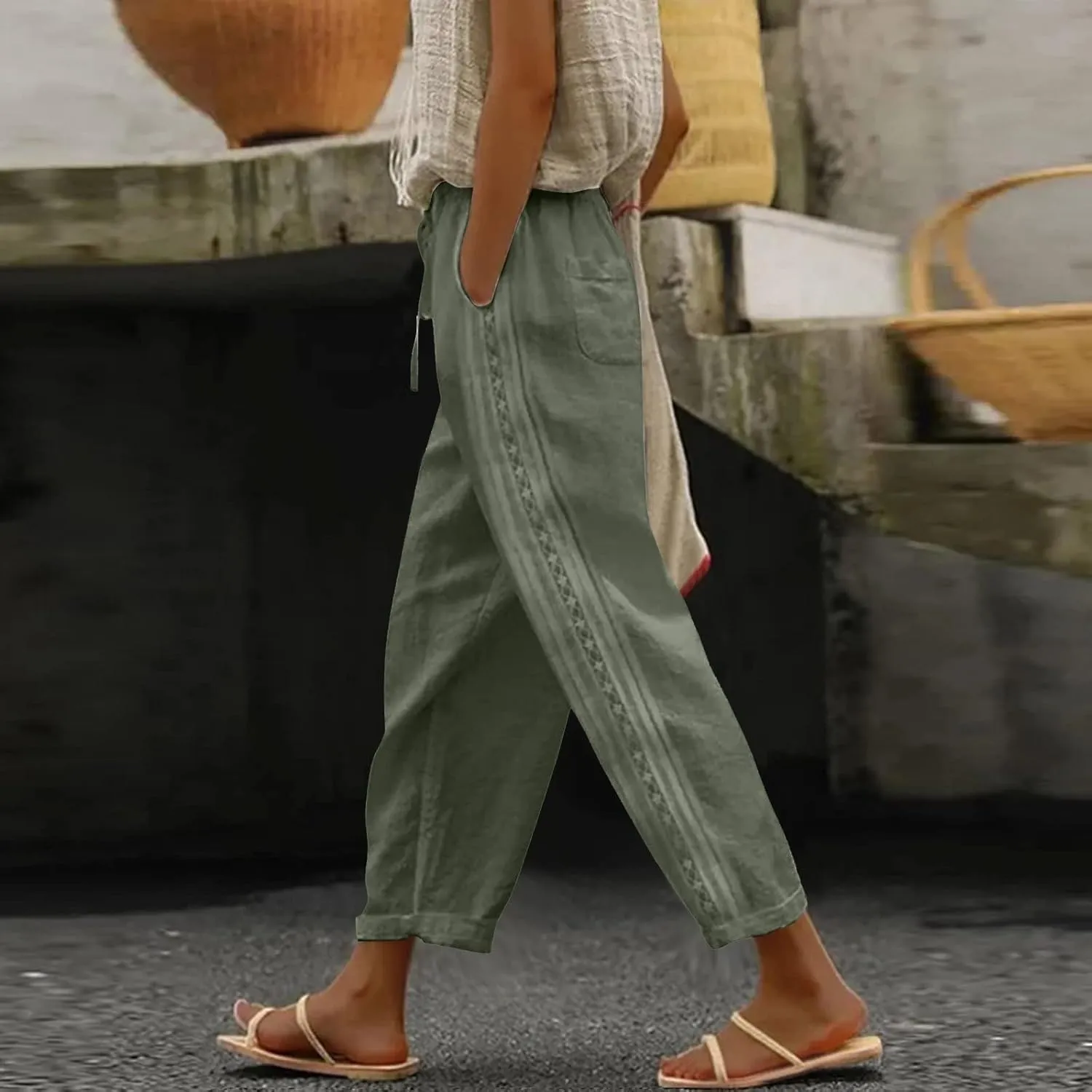 Women's Pants, Peasant Pants Straight Leg Linen Casual Lounge Cotton Loose Women