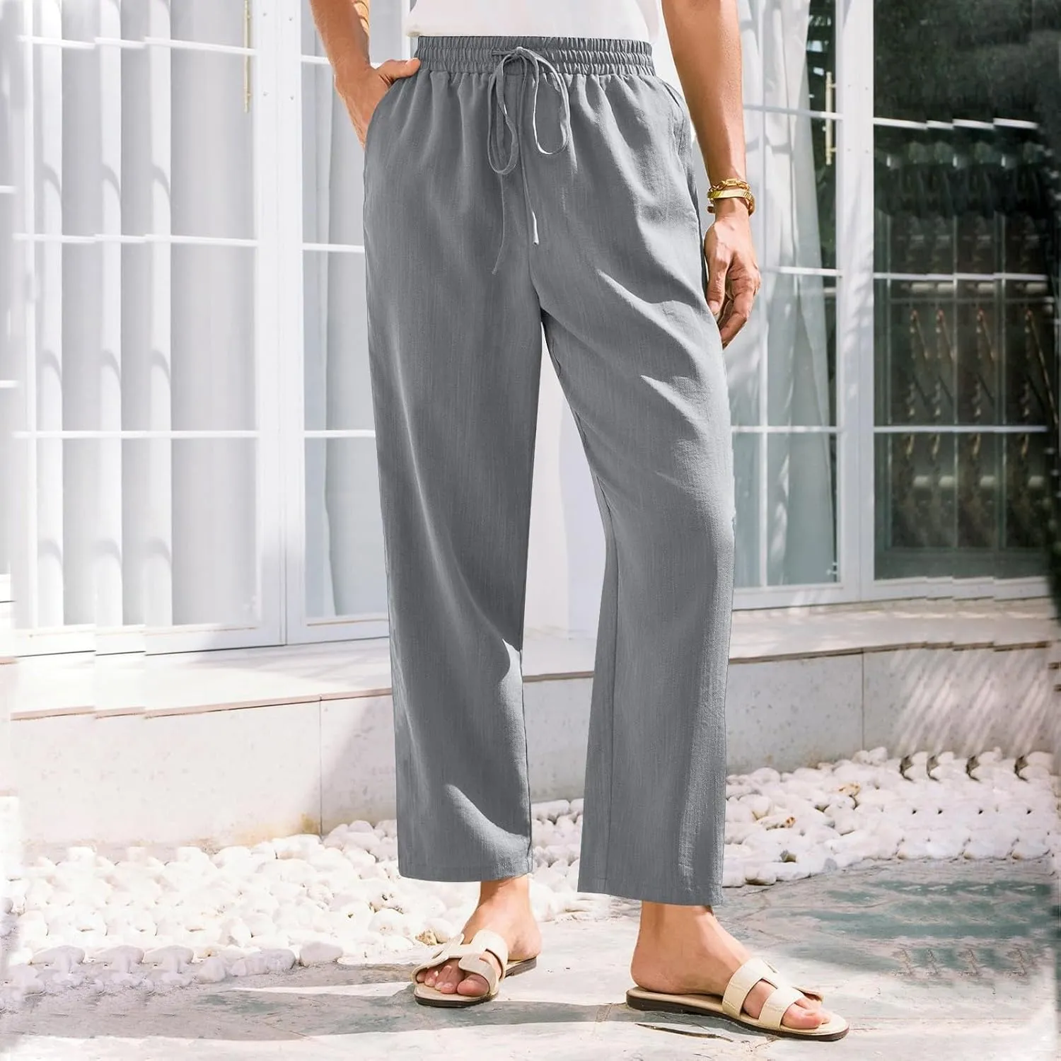 Womens Pants, Straight Leg Casual Pants Linen Everyday Peasant Solid Color Wide