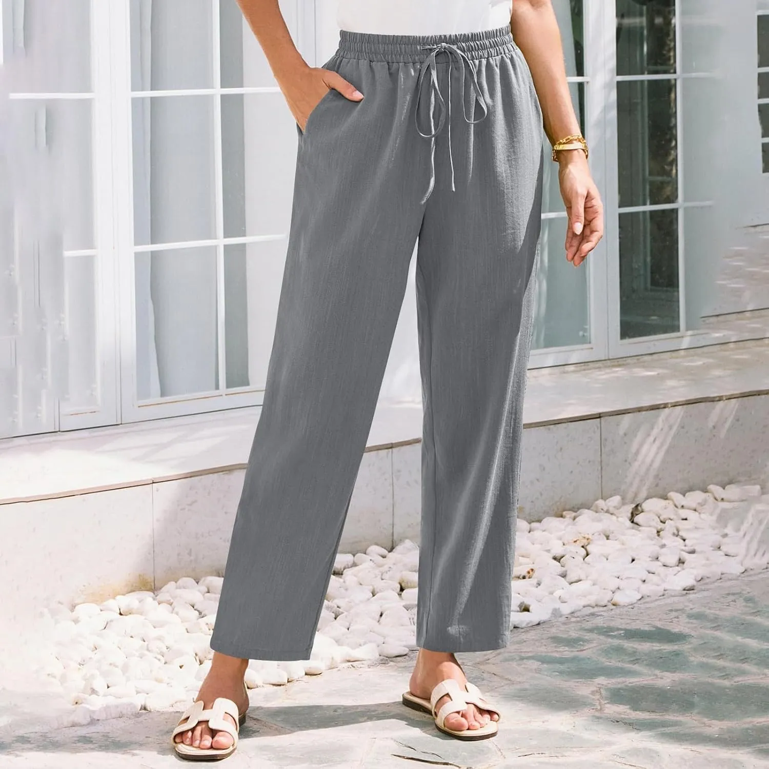Womens Pants, Straight Leg Casual Pants Linen Everyday Peasant Solid Color Wide