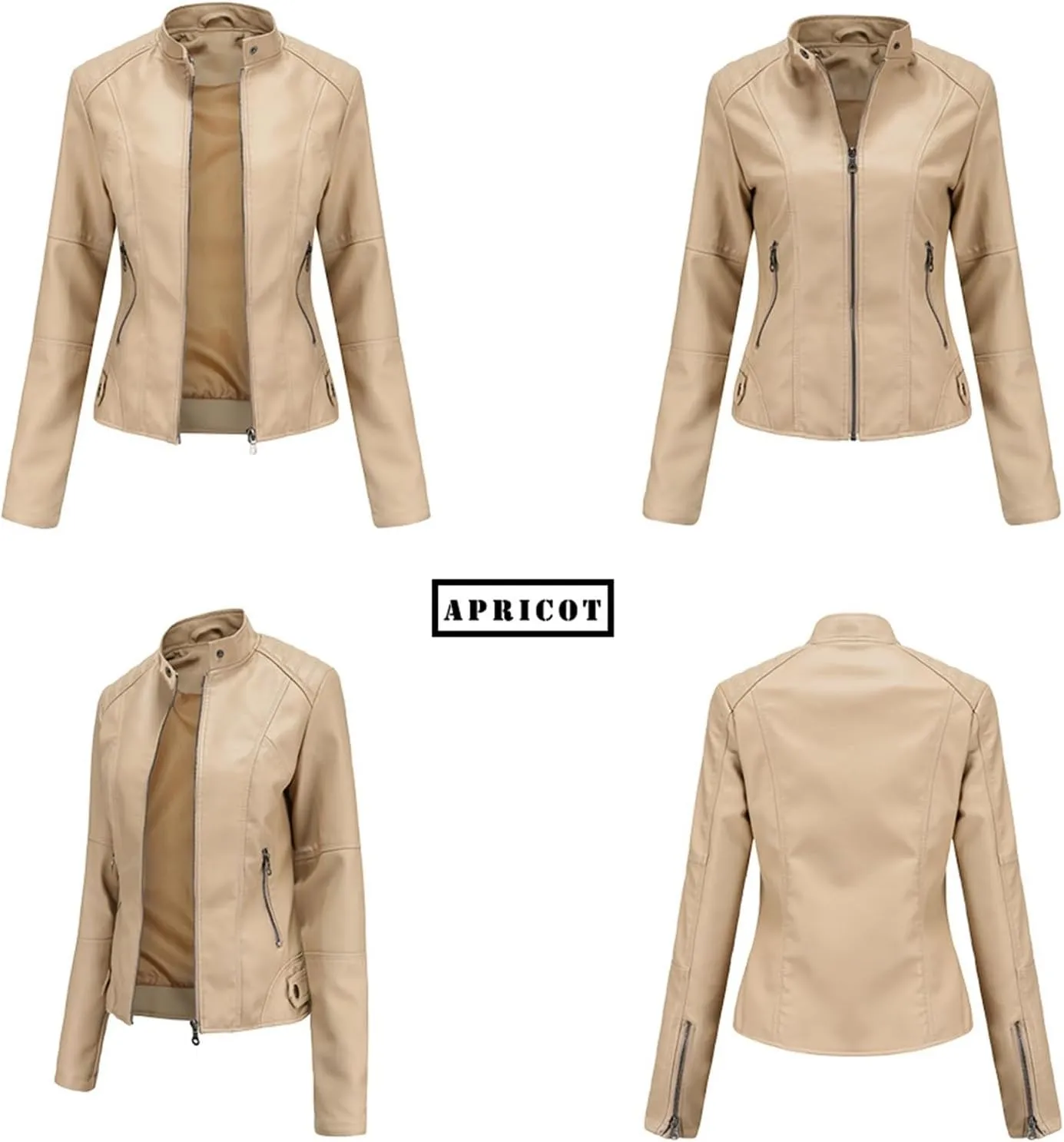 Women's Petite Casual Faux Leather Cropped Jacket Zip up Long Sleeve Moto Biker Coat, Faux Leather Jacket