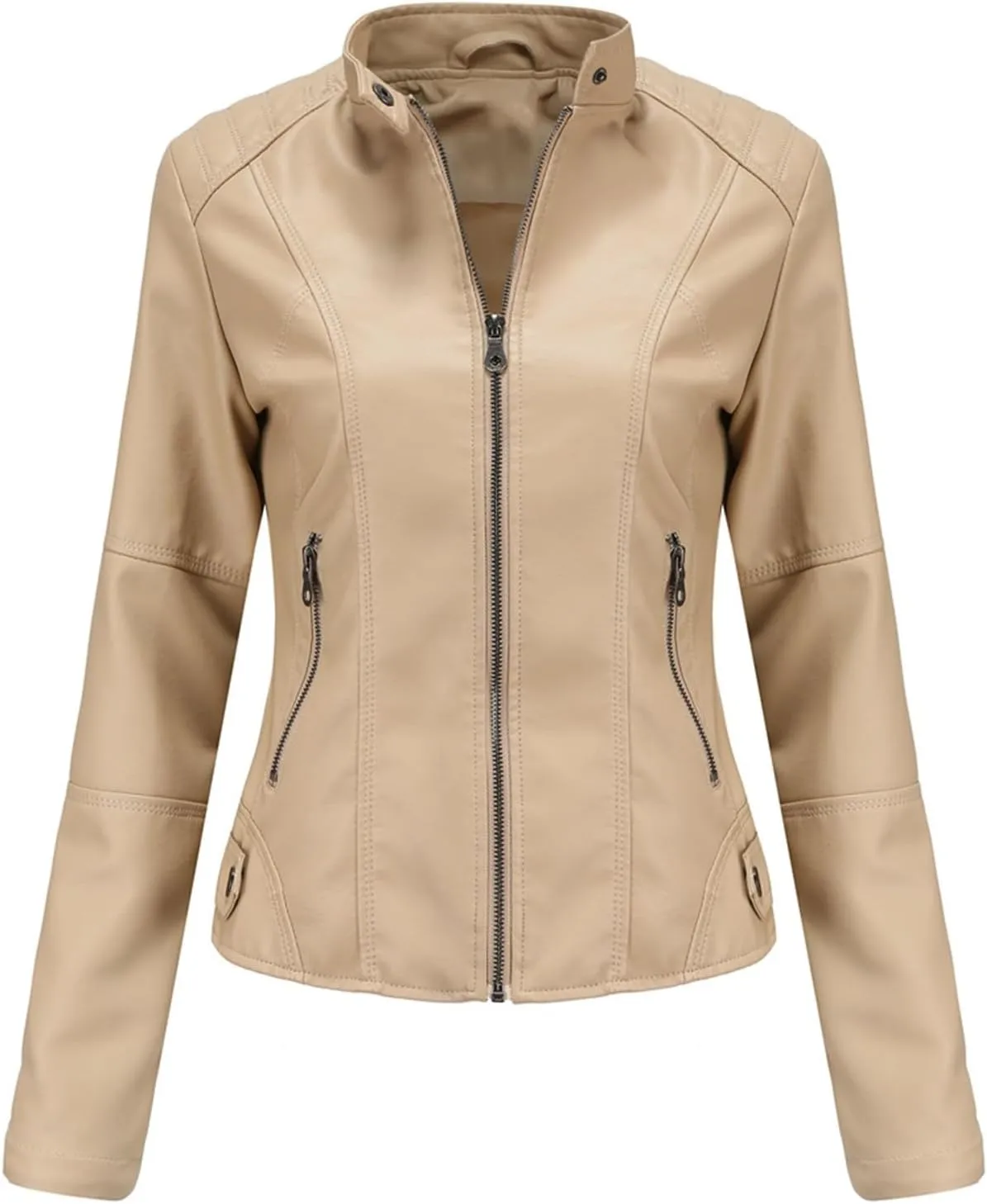 Women's Petite Casual Faux Leather Cropped Jacket Zip up Long Sleeve Moto Biker Coat, Faux Leather Jacket
